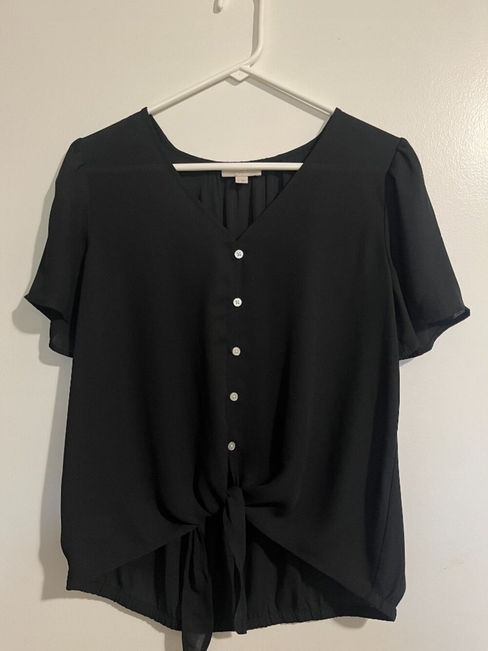 LOFT Outlet Women's Medium Black Sheer Tie Front Button Short Sleeve Blouse